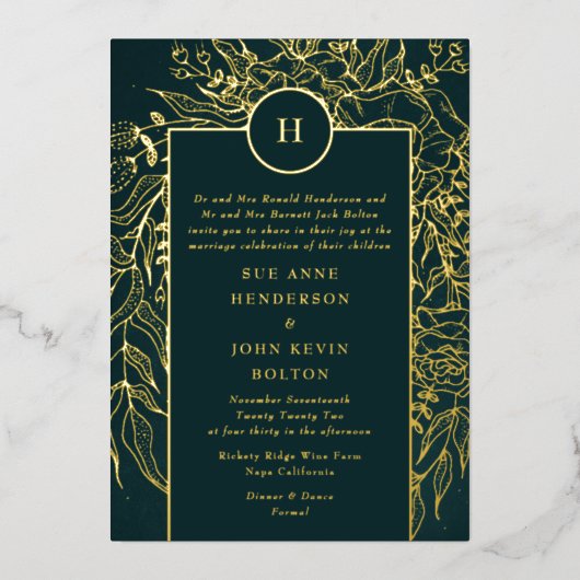 モノグラムカスタマイズ可能エメラルドグリーンリース結婚ズ 箔招待状 (正面)