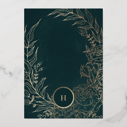 モノグラムカスタマイズ可能エメラルドグリーンリース結婚ズ 箔招待状 (裏面)