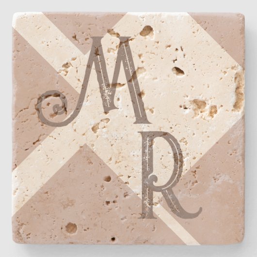 モノグラムカスタムイニシャル茶色の中性ジオメトリ ストーンコースター (正面)