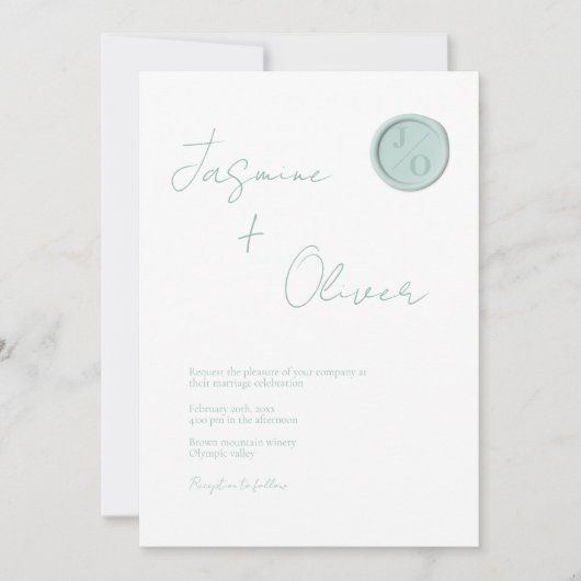 モノグラムカスタムセージ緑のワックスシール夏の結婚夏の 招待状 (正面)