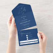 モノグラムカスタムネイビーブルー書道結婚の オールインワン招待状 (貼ってはがせる)