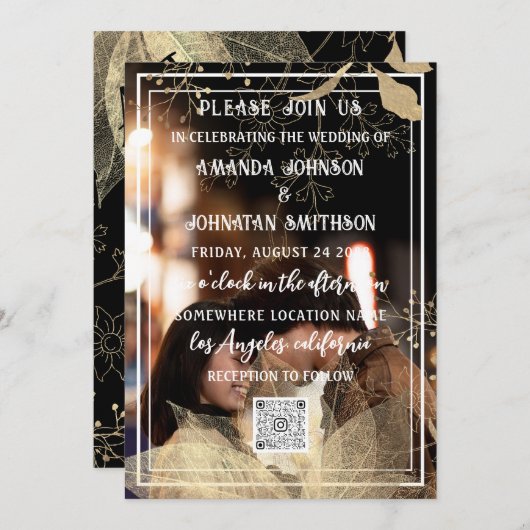 モノグラムカスタムフォトQRコード白黒フローラ 招待状 (正面/裏面)