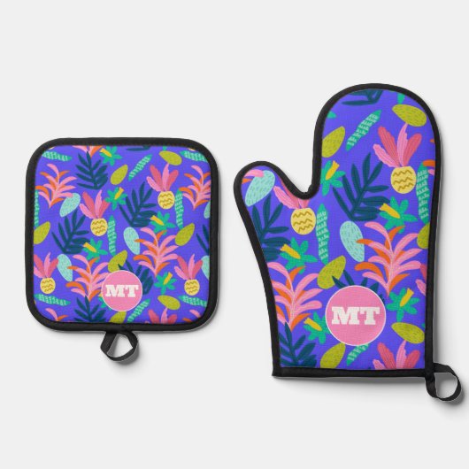 モノグラムカスタムフローラブルーオーブンミッツ 鍋つかみ&鍋敷きセット (正面)