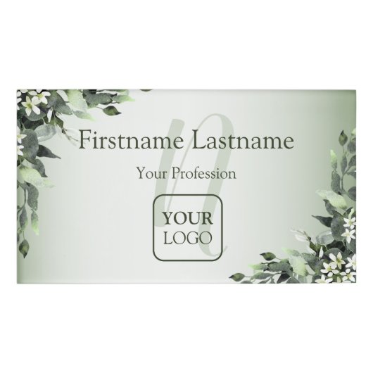 モノグラムカスタムロゴ緑のフローラ葉 名札 (正面)