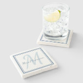 モノグラムカスタム文字ブルー大理石ストーンコースター ストーンコースター (横)