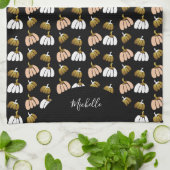 モノグラムカボチャ黒、赤面、白、金ゴールド キッチンタオル (折り畳み)