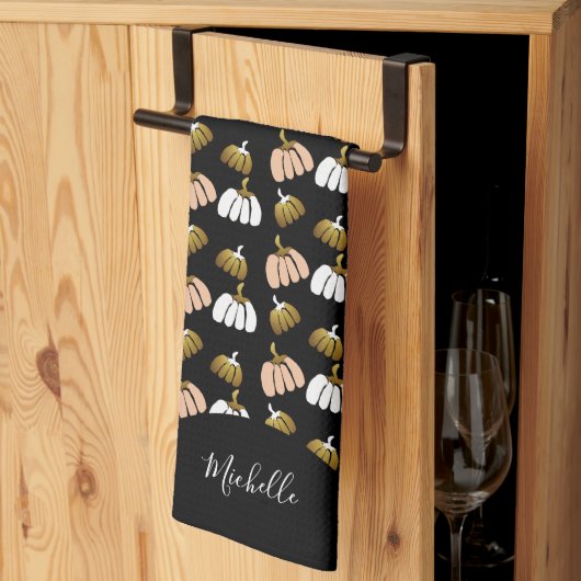 モノグラムカボチャ黒、赤面、白、金ゴールド キッチンタオル (三つ折り)