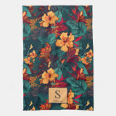 モノグラムカラフルと名前のハイビスカス，フローラ キッチンタオル (縦)