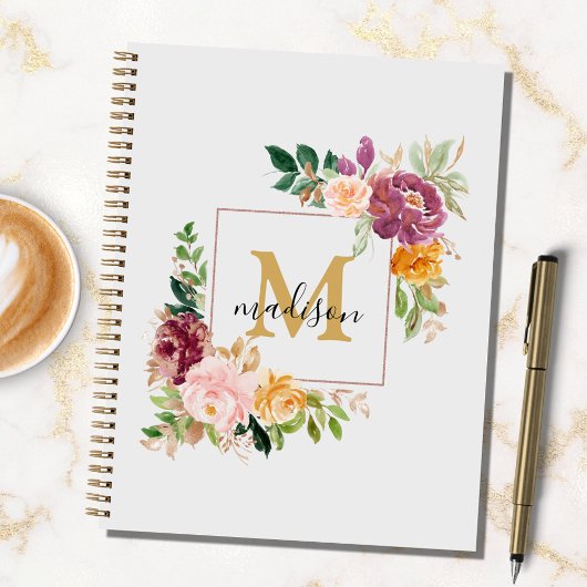 モノグラムカラフルウォーターカラーバラフローラレシピ ノートブック