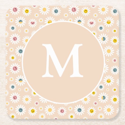 モノグラムカラフルデイジーパーソナライズされた スクエアペーパーコースター (正面)