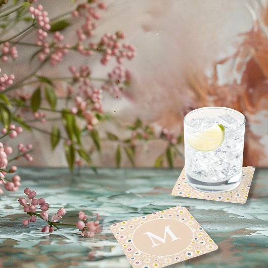 モノグラムカラフルデイジーパーソナライズされた スクエアペーパーコースター