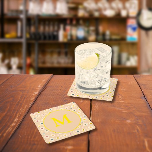 モノグラムカラフルデイジーパーソナライズされた スクエアペーパーコースター