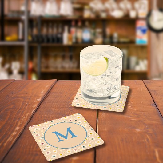 モノグラムカラフルデイジーパーソナライズされた スクエアペーパーコースター