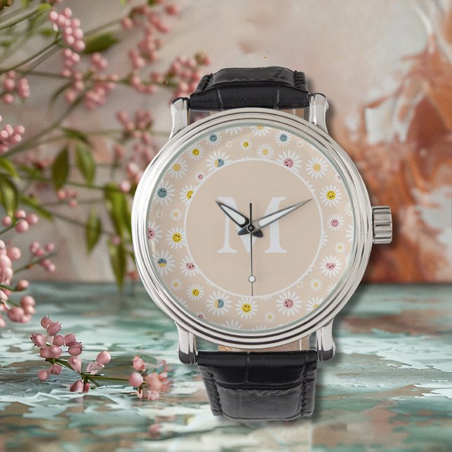 モノグラムカラフルデイジーパーソナライズされた 腕時計 (Colourful Monogram Smiling Daisy personalised Watch)