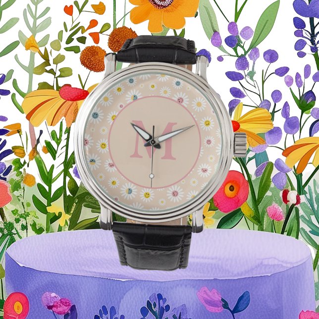 モノグラムカラフルデイジーパーソナライズされた 腕時計 (Colourful Monogram Smiling Daisy personalised Watch)