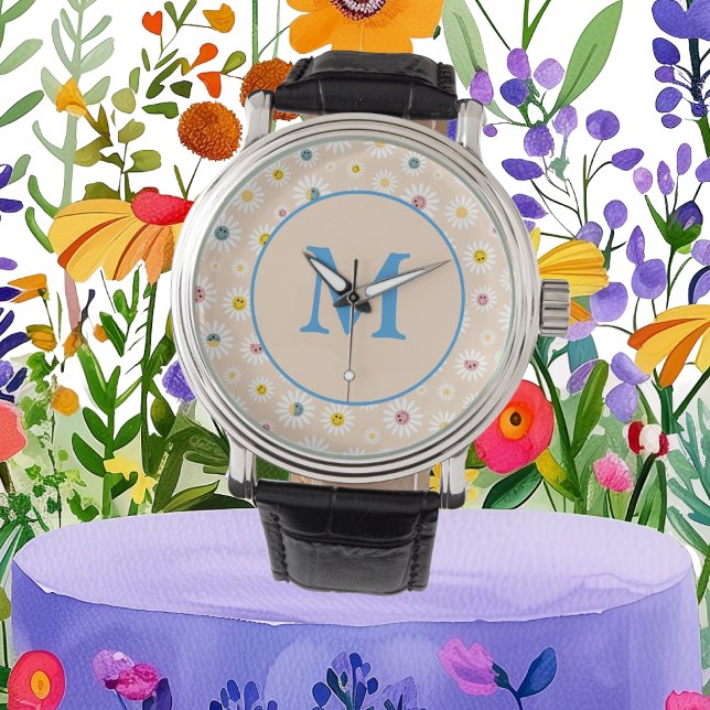 モノグラムカラフルデイジーパーソナライズされた 腕時計 (Colourful Monogram Smiling Daisy personalised Watch)