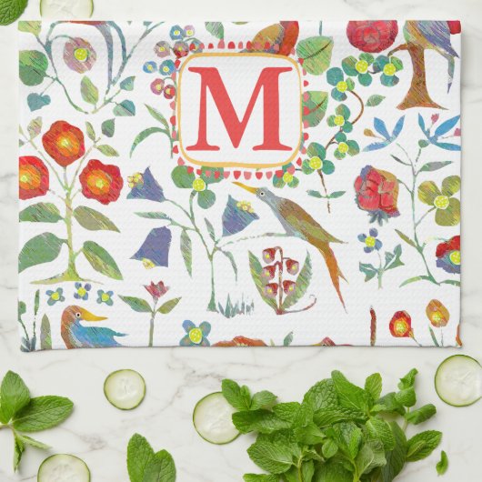 モノグラムカラフルヴィンテージ鳥花模様 キッチンタオル (折り畳み)