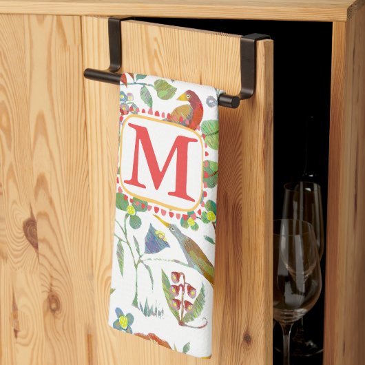 モノグラムカラフルヴィンテージ鳥花模様 キッチンタオル (三つ折り)