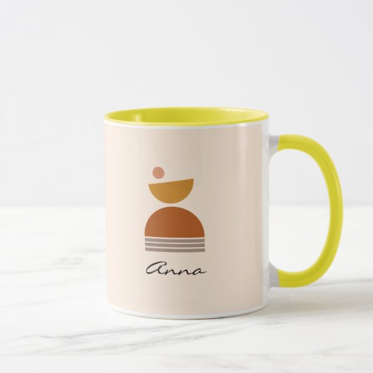 モノグラムカラフル抽象芸術ピンク、茶色、黄色 マグカップ (右)