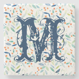 モノグラムカラフル植物水色の葉 ストーンコースター