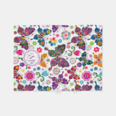 モノグラムカラフル蝶と花のパターン フリースブランケット (正面(横))