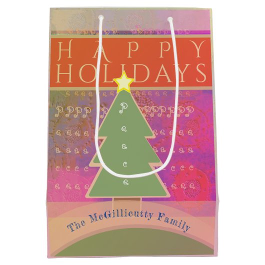 モノグラムカラフル「ハッピーホリデー」平和 ミディアムペーパーバッグ (裏面)