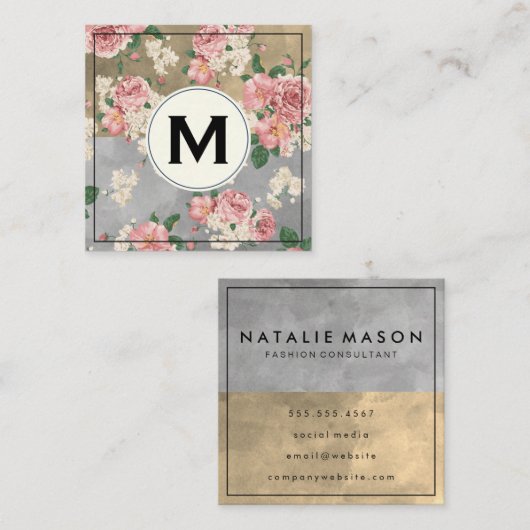 モノグラムカラーブロックヴィンテージフローラルパターン スクエア名刺 (正面/裏面)