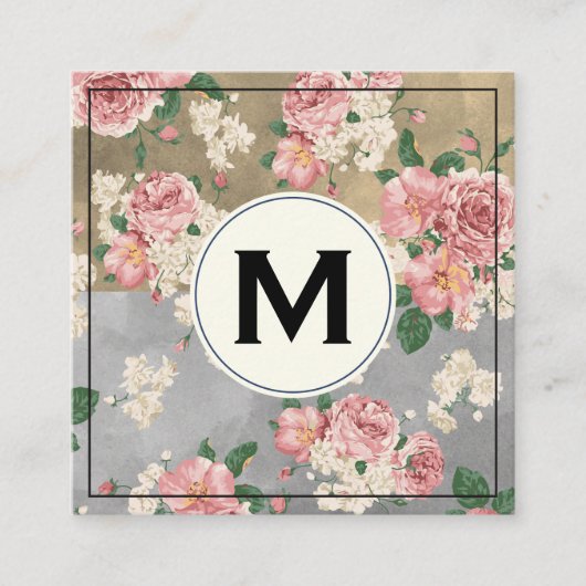モノグラムカラーブロックヴィンテージフローラルパターン スクエア名刺 (正面)