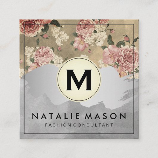モノグラムカラーブロックヴィンテージフローラルパターンII スクエア名刺 (正面)