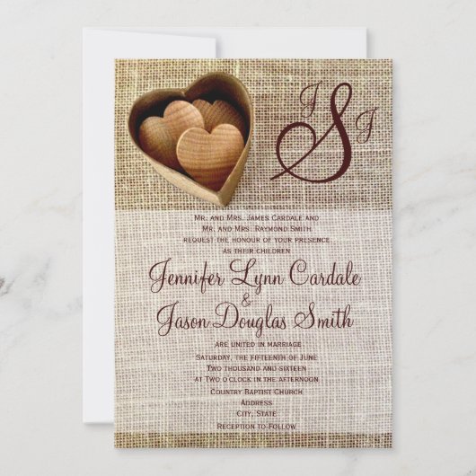 モノグラムカントリーウッドハートズバ結婚ーラップズ 招待状 (正面)