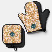 モノグラムカントリースタイルはっきりしたフローラルパターンイエロー 鍋つかみ&鍋敷きセット (正面/裏面)