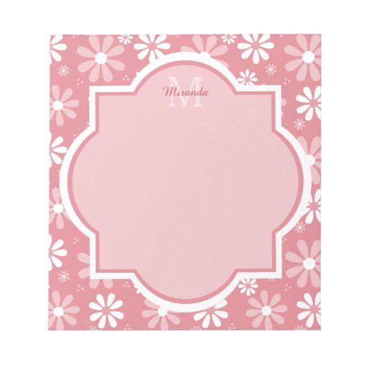 モノグラムガーリーかわいいピンクのデイジー花の名前 ノートパッド (正面)