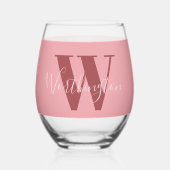 モノグラムガーリーと名前ピンク赤面レッド ステムなしワイングラス (裏面)