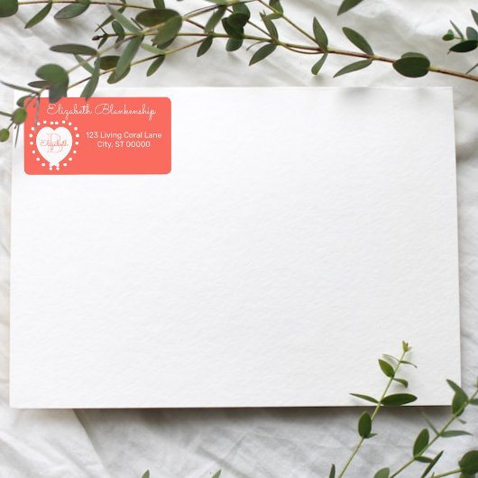 モノグラムガーリーコーラルハートドットテンプレート ラベル