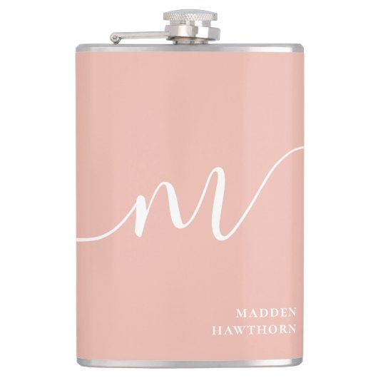 モノグラムガーリースクリプトカリグラフィコーラル赤面ピンク フラスク (正面)