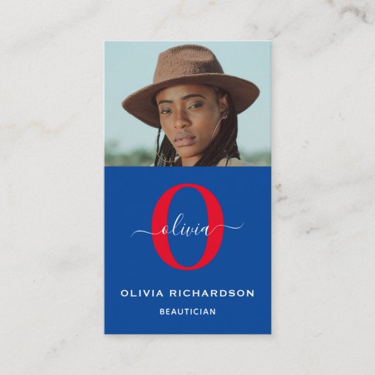 モノグラムガーリースクリプト名ブルーホワイトレッド縦 名刺 (正面)