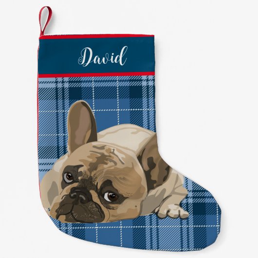 モノグラムキュートデザインおもしろい犬オンブループレイドペット スモールクリスマスストッキング (正面)