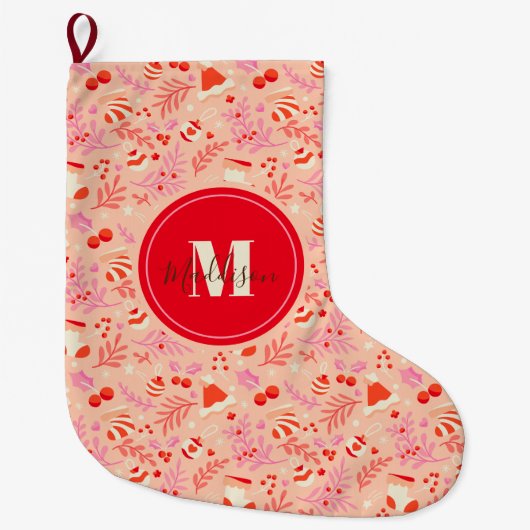 モノグラムキュートレトロスタイルクリスマスパターン ラージクリスマスストッキング (正面)