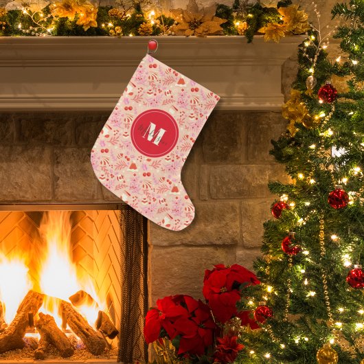 モノグラムキュートレトロスタイルクリスマスパターン ラージクリスマスストッキング