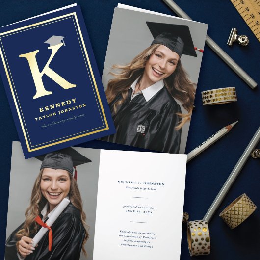 モノグラムクラシックアルファベットシンプル写真卒業 箔グリーティングカード