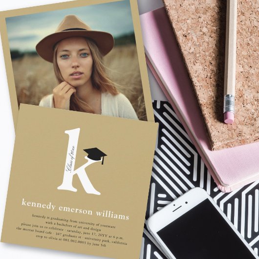 モノグラムクラシックアルファベットK写真卒業パーティー 招待状