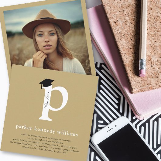 モノグラムクラシックアルファベットP写真卒業パーティー 招待状