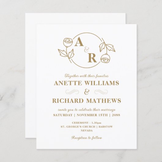 モノグラムクラシックエレガントな結婚式の予算招待状 (正面/裏面)