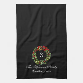 モノグラムクラシックリースホリーカスタムクリスマス キッチンタオル