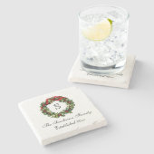 モノグラムクラシックリースホリーカスタムクリスマス ストーンコースター (横)