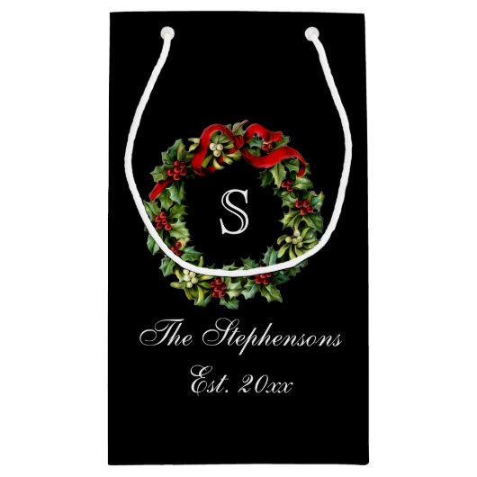 モノグラムクラシックリースホリーカスタムクリスマス スモールペーパーバッグ (裏面)