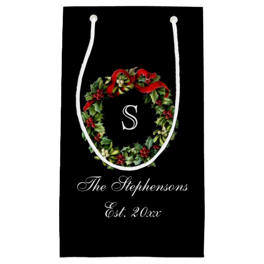 モノグラムクラシックリースホリーカスタムクリスマス スモールペーパーバッグ (正面)