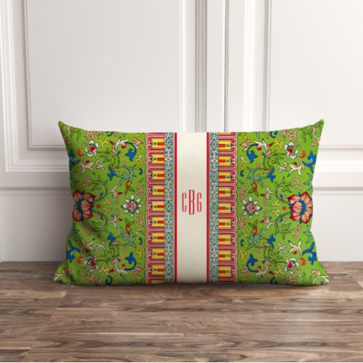 モノグラムクラシック付きグリーンチノワセリー枕 ランバークッション