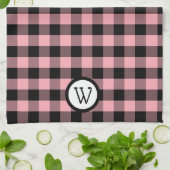 モノグラムクラシック付き黒とピンクのバッファローのプレイド キッチンタオル (折り畳み)