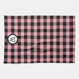 モノグラムクラシック付き黒とピンクのバッファローのプレイド キッチンタオル